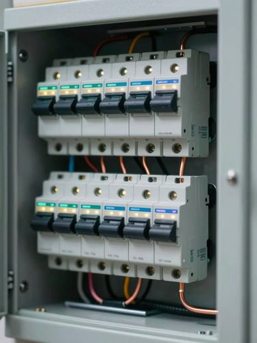 Portrait framing of a modern smart electrical breaker panel, glowing diagnostic LEDs, clean copper wiring runs visible, high-contrast technical lighting.