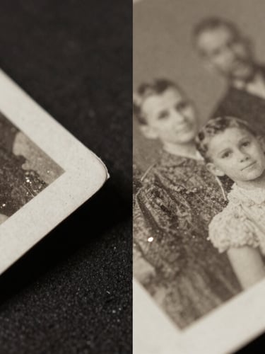 Macro shot of a torn, water-damaged 1920s family photograph being carefully aligned, showing paper grain and high-contrast side-lighting