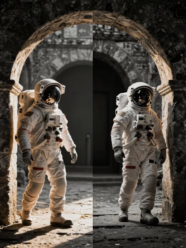 Cinematic surreal composite portrait of an astronaut walking through an ancient stone archway, dramatic high-contrast side-lighting, golden hour glow, rich selective color.