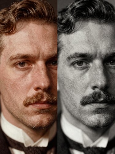 Extreme close-up macro split-screen before-and-after of a torn historical 1920s portrait being restored to sharp detail, dramatic side-lighting, darkroom tone, 35mm grain