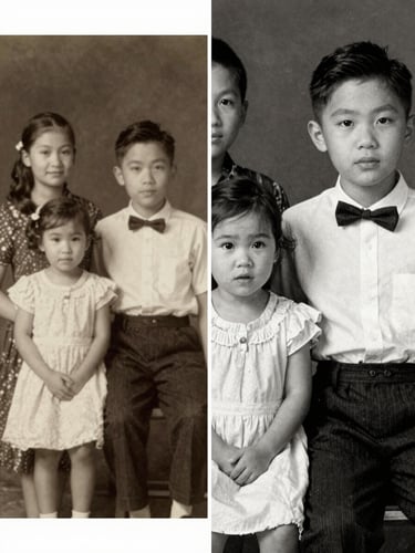 A split-screen editorial photograph showing a highly detailed restoration of an old family photo, side-by-side comparison, sharp macro detail, 35mm