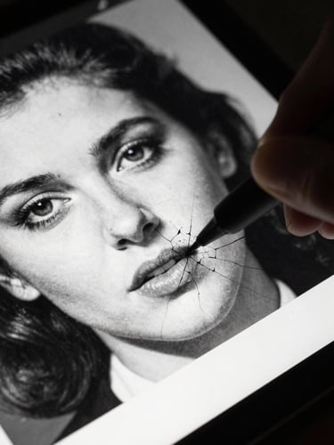 Extreme close-up of a digital stylus pen restoring a cracked vintage monochrome portrait on a high-contrast glowing screen, darkroom shadows