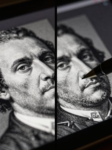 Extreme close-up of a digital stylus pen detailing a torn historical monochrome portrait on a high-resolution darkroom screen, dramatic side-lighting, rich textures.
