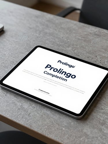 A clean, graphic mockup of a Prolingo completion certificate on a sleek digital tablet, resting on a modern slate desk with neutral office daylight.