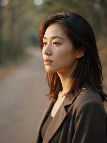 Candid portrait of a woman in quiet reflection, soft golden-hour light, shallow depth of field, natural environment like a forest path, warm earthy tones, 35mm film look.
