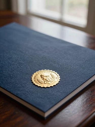 Elegant close-up of high-quality tactile materials, heavy textured paper with a gold embossed seal on a dark mahogany desk, soft natural window light, shallow depth of field