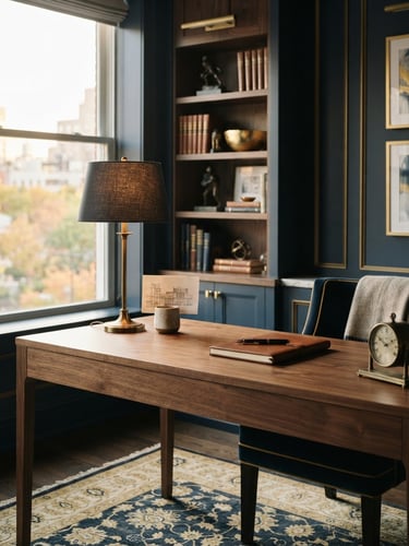 Warm editorial photography of a quiet, elegant private office with high-quality tactile materials, soft natural window light, deep navy and gold tones, shallow depth of field, architectural details.