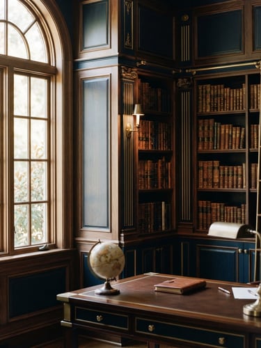 Elegant architectural details of a private family office library, soft natural window light reflecting on dark wood panels, deep navy tones, shallow depth of field