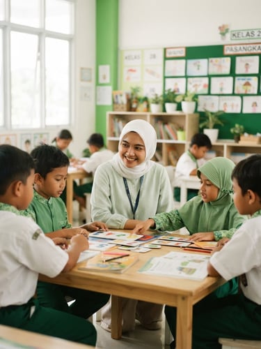 Bright academic photography, a female student teacher smiling in a bright modern classroom in Pasangkayu, natural morning daylight, green and white tones, 35mm
