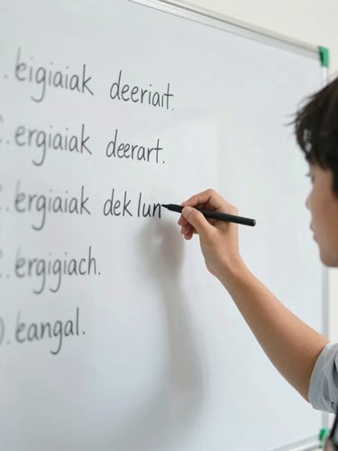 Close-up of a student teacher writing Indonesian grammar rules on a clean whiteboard, bright natural daylight, 35mm, focused and professional expression, green accents