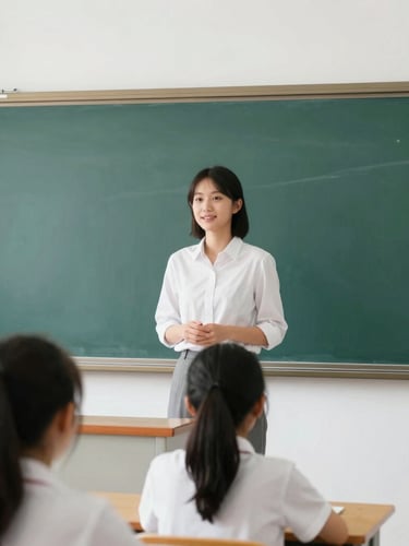 A student teacher presenting in English on a modern digital whiteboard, clean classroom setting, natural morning daylight, shallow depth of field.