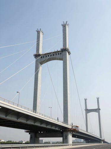 Wide-angle architectural view of a modern highway bridge under construction, steel girders rising against a clear midday sky, bright neutral daylight, cool steel tones, sharp focus.