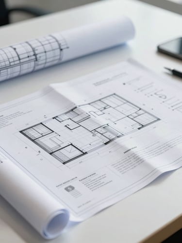 Close-up detail of technical engineering blueprints and compliance documents laid out on a clean slate-colored corporate desk, bright neutral daylight