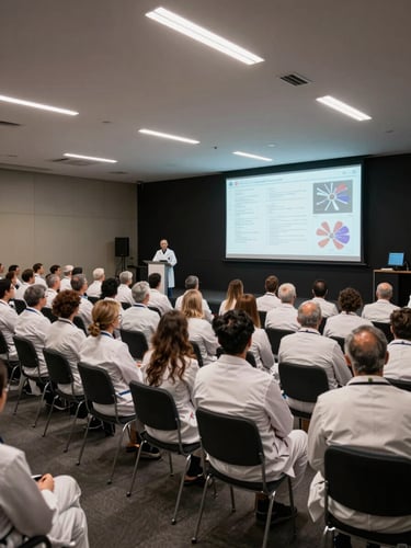 Wide conference room interior during a medical congress, rows of physicians seated facing a large projection screen showing clinical data charts, professional overhead lighting, São Paulo venue, left-third framing with empty aisle space to the right