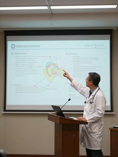 Wide shot of a physician presenting at a medical conference lectern, mid-gesture toward a projection screen displaying clinical data charts, professional indoor studio lighting with even exposure, conference room context visible behind