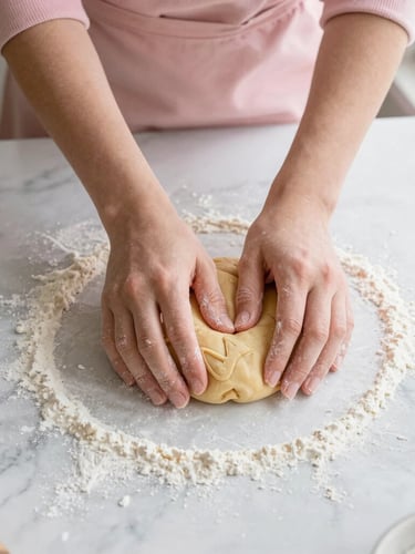 Overhead flatlay of hands kneading cookie dough on a flour-dusted marble counter, soft warm natural window light, pastel pink tones, 35mm