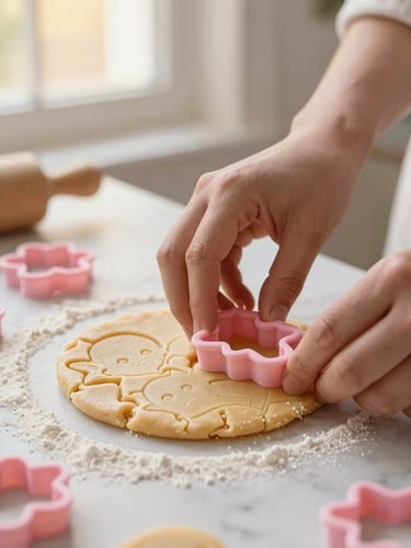 Close-up of hands stamping cookie dough with a custom 3D-printed pink pastel cookie cutter on a flour-dusted marble table, warm golden window light, soft focus