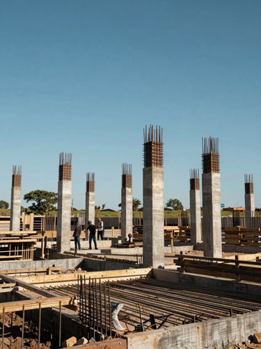 Wide-angle shot from inside an active construction site in Tocantins, structural concrete columns rising under clear blue sky, workers in hard hats visible in mid-ground, natural daylight flooding the frame from the left, raw textures of rebar and formwork in foreground