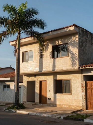 Street-level view of a newly finished two-storey residential house in Paraíso do Tocantins, late afternoon sunlight casting long shadows across the tiled facade, mature palm tree to the left, clear blue sky above, real neighborhood context visible in the background