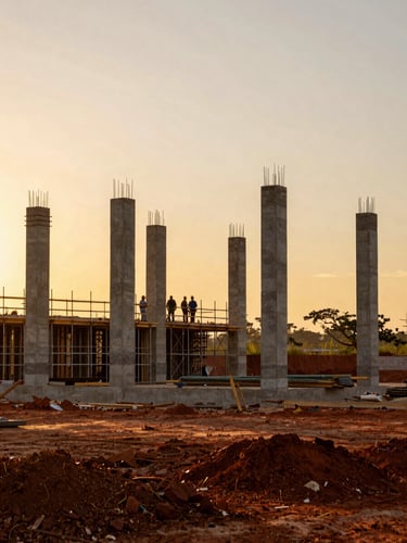 Wide shot of an active residential construction site in Tocantins at golden hour, concrete columns rising against a warm amber sky, workers visible on scaffolding in the middle ground, red earth foreground