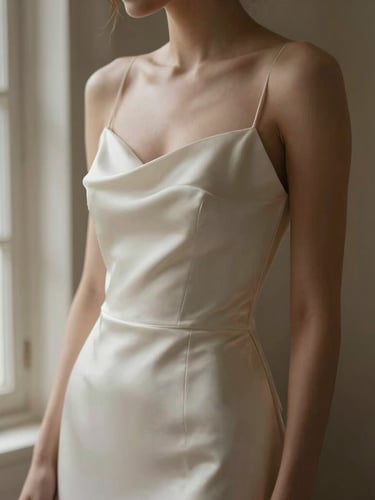 Portrait-oriented editorial photograph of a bride in a minimalist silk gown, soft side window lighting, shallow depth of field, quiet luxury aesthetic, warm tones, high-fashion crop