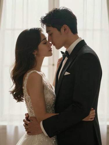 Cinematic portrait of a bride and groom embracing under soft morning window light, high-fashion editorial framing, warm natural tones, shallow depth of field.