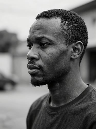 Portrait d'artiste en noir et blanc du photographe Simba, regardant hors cadre, lumière naturelle douce de côté.