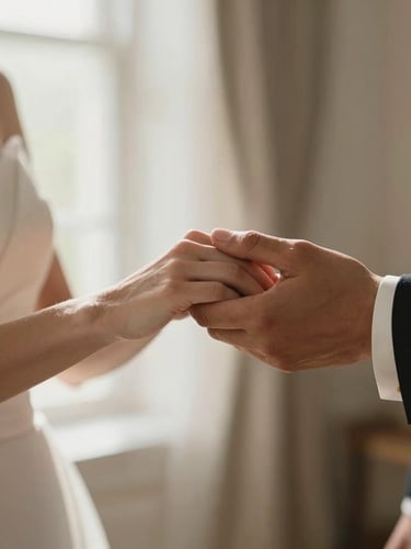 Cinematic close-up of a bride and groom's hands gently clasped, soft window side-lighting, warm tones, shallow depth of field, editorial crop.