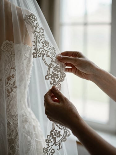 Intimate close-up of a bride's hands holding a delicate lace veil, soft window side-lighting, shallow depth of field