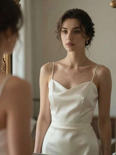Editorial portrait of a bride reflecting in a vintage mirror, soft side-lighting, elegant silk dress detail, minimalist composition