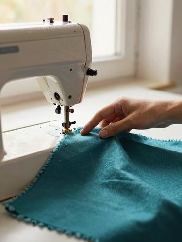 Hands guiding fabric through a vintage sewing machine in a warm, sunlit workshop, focus on the texture of teal fabric, shallow depth of field