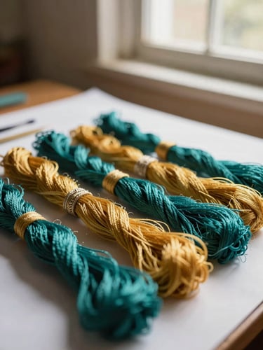 Close-up of vibrant, colorful embroidery threads arranged neatly in the Ixtapaluca workshop, soft warm window light, shallow depth of field, 35mm
