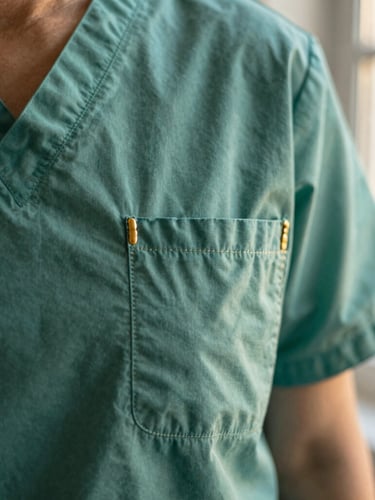 A close-up of high-durability double stitching on a medical scrub pocket, warm natural window light, showing the clean and robust textile details