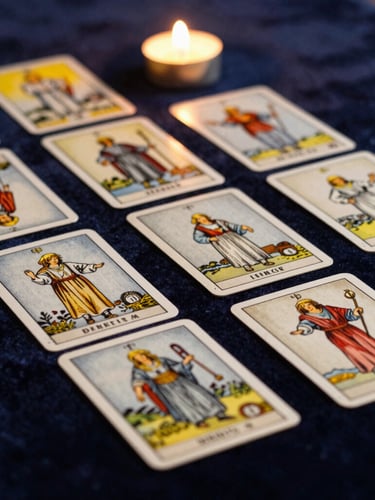 Linen tarot cards laid out in a clean spread on a dark velvet surface, illuminated by a single warm candle flame, brass details catching the light, shallow depth of field.