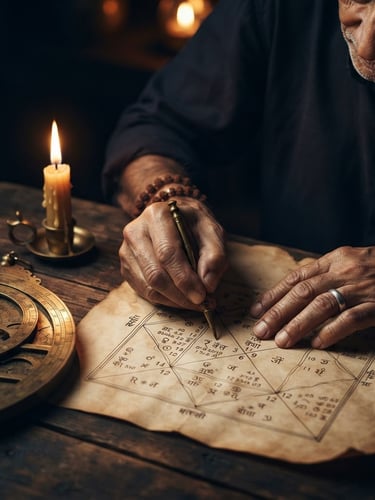 A moody close-up portrait of an Indian astrologer's hands tracing a detailed natal chart by warm candlelight, antique brass astrolabe resting on dark wood, deep midnight blue shadows.