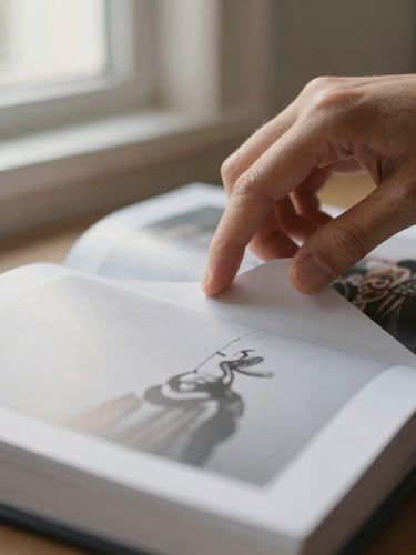 Intimate close-up of hands gently turning the heavy matte page of a physical photography book, soft morning window light highlighting the paper texture.