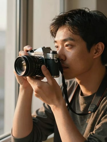 An intimate, unposed portrait of a photographer holding a vintage camera, looking thoughtfully out a window, warm golden hour light, soft focus background, editorial style.