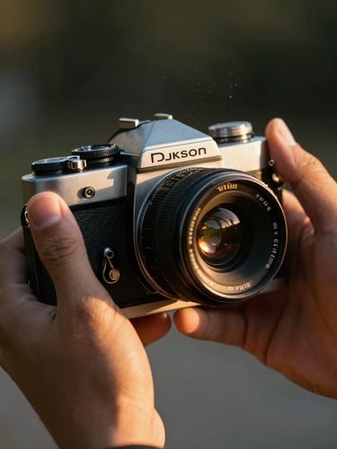 Cinematic golden hour light hitting a hand holding an old camera, soft dust motes in the air, warm shadows, extreme close-up framing.