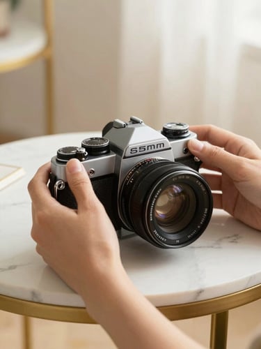 Warm editorial photography of hands adjusting a vintage 35mm camera lens on a marble table with gold accents, soft studio daylight.