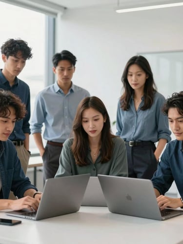 Authentic portrait of a diverse team of music technology professionals collaborating in a modern, bright office, natural daylight, clean blue and slate tones, sharp focus, modern professional aesthetic.