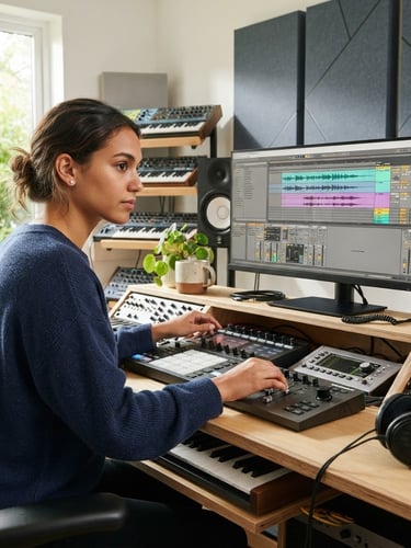 Music creator in a bright home studio, focused on a digital audio workstation, natural daylight, clean blue and slate tones, sharp focus, modern professional aesthetic.