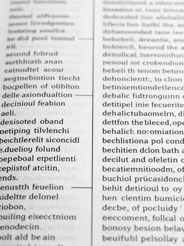 Extreme close-up of a bilingual document page, two columns of dense text side by side, a fine pencil line connecting equivalent phrases across columns, studio north-light, black and white, crisp legibility