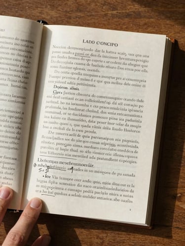 Overhead close-up of an open manuscript on a wooden desk, editorial marks in ink visible on the page, a hand resting at the margin with a pen, harsh north-facing studio light casting clean shadows, text in Portuguese legible but not readable