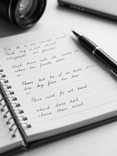 Close-up of a professional notepad with shorthand interpretation notes, a pen resting diagonally across the page, clean desk surface, north-light studio illumination, black and white, sharp detail
