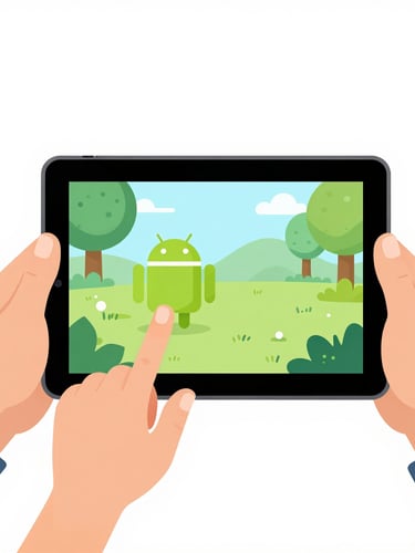 Close-up of diverse hands, a child's and an elderly person's, holding an Android tablet together, interacting with a clean, high-contrast game interface. Bright, even studio light.