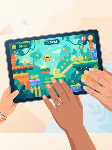 Bright flat vector illustration of diverse hands (child, parent, grandparent) holding a modern Android tablet, a high-contrast, colorful game screen visible, soft studio lighting, minimalist background.