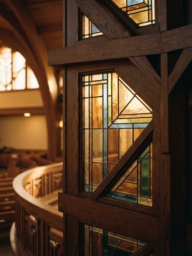 Warm editorial photography of architectural details of the Beth El sanctuary, soft golden hour daylight streaming through stained glass, rich muted tones, shallow depth of field, 35mm film look.