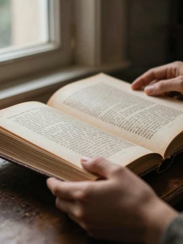 Close-up of hands gently turning the pages of a historical community archive book, warm natural window light, rich muted tones, shallow depth of field, 35mm film look.