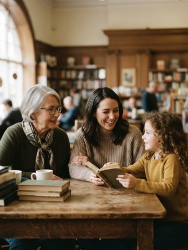 Warm editorial portrait of a multi-generational family in quiet conversation inside a sunlit library, soft natural window light, rich muted tones, shallow depth of field, 35mm film look.