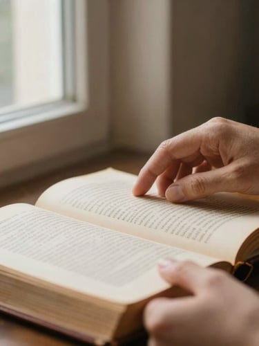Close-up of hands carefully turning the page of a historic leather-bound archive book, soft side lighting from a window, warm tones, shallow depth of field
